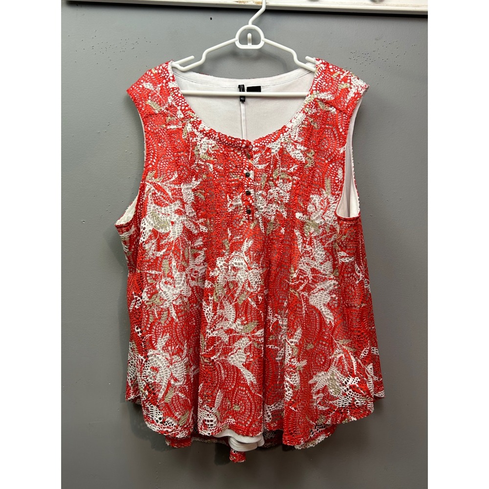 New Directions Curvy Blouse Womens 3X Coral Red White Floral Lace Henley Top